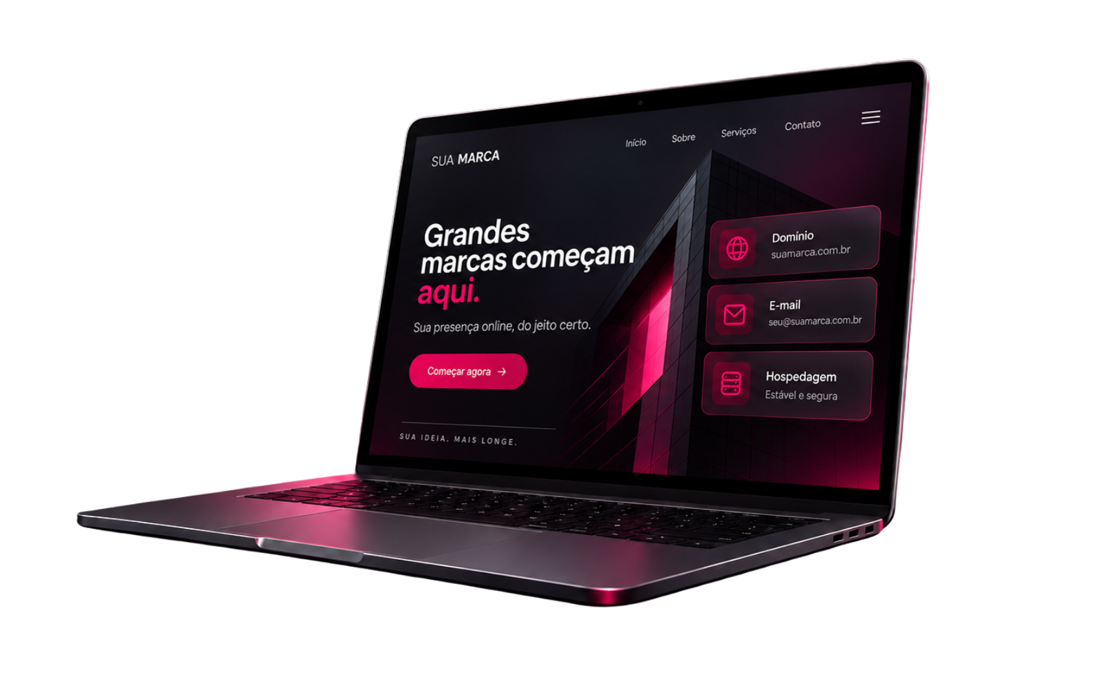 Notebook com interface digital em tons de rosa e preto